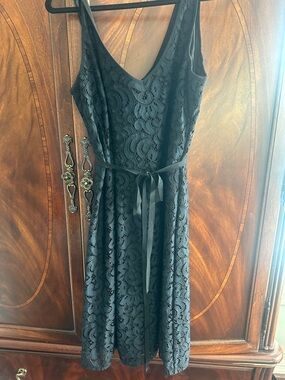 LOFT Black Lace Midi Dress with V-Neck and Tie Waist